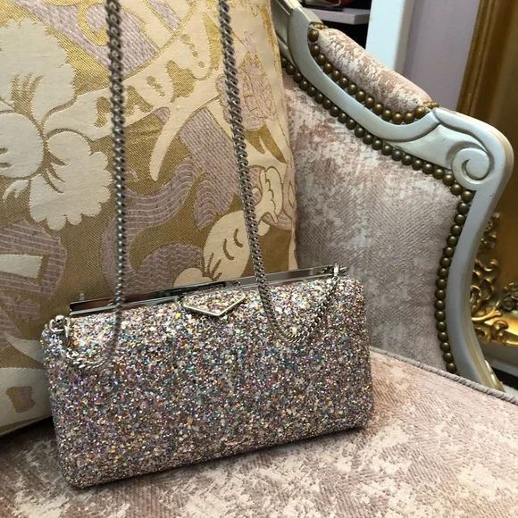 Jimmy Choo Silver Sparkle Clutch with pink n mint green - Picture 2 of 9